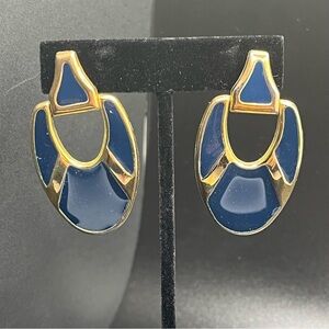 1980’s door knocker earrings. Gold tone with navy blue enamel for pierced ears